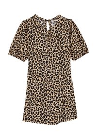 Haljina s printom leoparda, kratkim napuhanim rukavima, okruglim izrezom i detaljem u obliku ključa na leđima. Mekani materijal s teksturiranom površinom i strukiranim strukom.