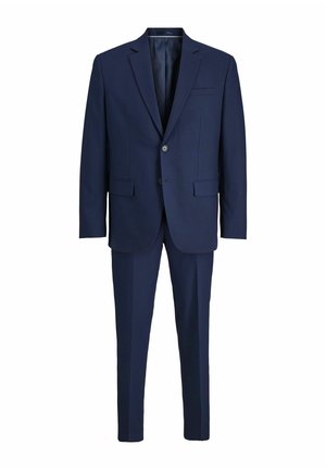 Temno modra obleka z natančno krojenim blejzerjem z dvema gumboma, ovratnikom v obliki notch, dvema sprednjima žepoma in usklajenimi slim-fit hlačami.