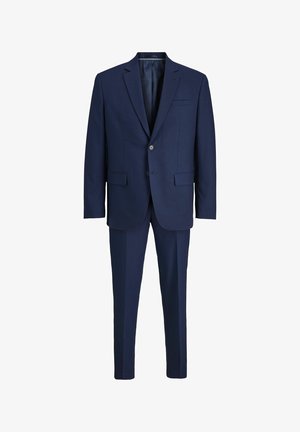 Navy blue suit featuring a tailored blazer with two buttons, notch lapels, two front pockets, and matching slim-fit trousers.