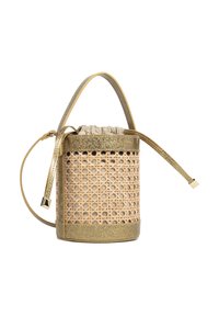 Petit sac panier cylindrique tissé avec des anses et des bords dorés scintillants, fermeture à cordon en tissu beige à l'intérieur.