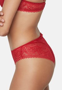 Rode kanten ondergoed met bloemmotieven, geschulpte randen en een taille die tot halverwege de heupen komt. De textuur is doorschijnend met verfijnde details.