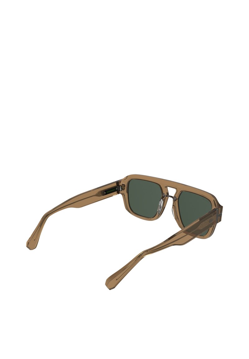 Brown translucent rectangular sunglasses with green tinted lenses and wide arms.