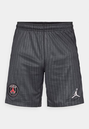 Shorts atletici gri cu model în dungi verticale, talie elastică, logo-ul Paris Saint-Germain pe piciorul stâng și emblema Jumpman pe cel drept.