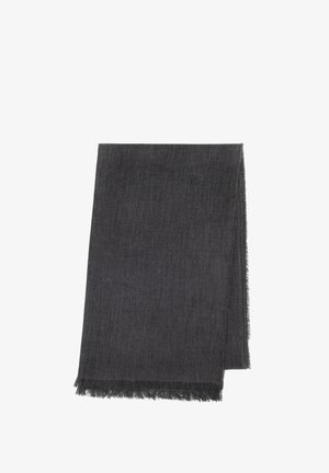 Tmavě šedý šál vyrobený z měkkého materiálu, s hladkým povrchem a třepenými okraji. Jednoduchý obdélníkový tvar, bez vzorů či akcentů.