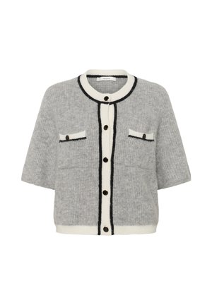 Hall hallitunud kardigan lühikeste varrukatega, mustade nuppude ja valge äärisega. Esiküljel kaks taskut, mille ääris on must ning kangas on tekstuuriga.