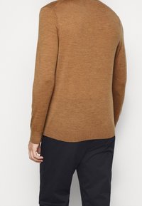Homme portant un pull marron à manches longues et un pantalon noir, vu de dos sur un fond blanc uni.