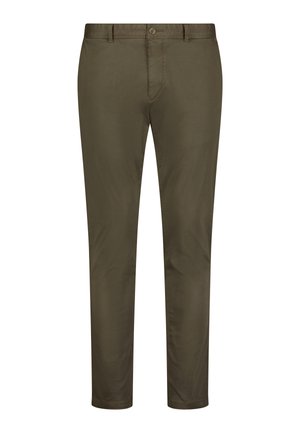 Olivgrüne Chinos aus glattem Baumwollstoff, mit Knopfverschluss und geradem Bein, versehen mit dezenten Nähdetails.