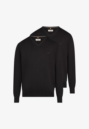 To sorte V-hals langærmede trøjer med ribbet manchetter og kant, vist mod en hvid baggrund.