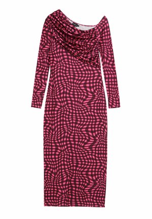 Langärmliges, figurbetontes Kleid in einem pinken und schwarzen abstrakten karomuster. Verfügt über einen drapierten Ausschnitt und eine glatte Stofftextur.