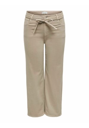 Beige broek met wijde pijpen, voorzakken, lussen voor een riem, knoopsluiting en een stoffen riem gestrikt in de taille.