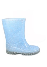 Bottes de pluie en caoutchouc bleu avec une finition brillante et pailletée. Texture lisse, bout arrondi et motif de semelle texturé sur la semelle noire.