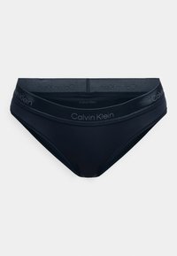 Granatowe majtki bikini z mieszanki bawełny o gładkiej strukturze, z kontrastującym paskiem z logo w minimalistycznym stylu.