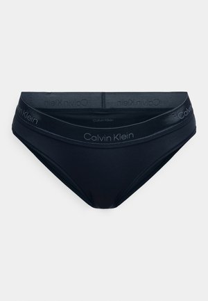 Granatowe majtki bikini z mieszanki bawełny o gładkiej strukturze, z kontrastującym paskiem z logo w minimalistycznym stylu.