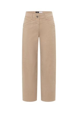 Beige wide-leg trousers with front pockets, belt loops, and a button closure on the waistband.