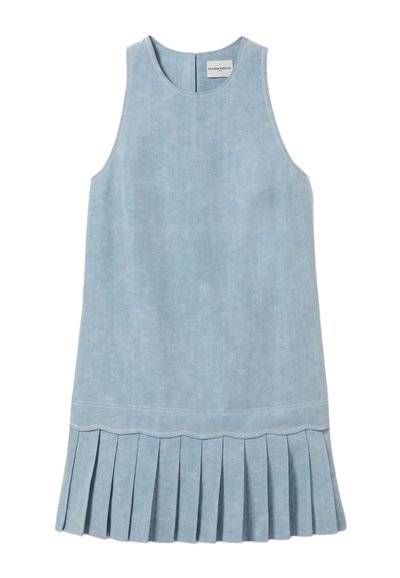 Robe sans manches bleu clair avec un col rond et un ourlet plissé. Fabriquée dans un tissu doux et texturé avec un léger éclat et sans quincaillerie visible.
