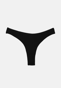 String noir sans couture avec ceinture taille basse, bords plats et couverture modérée dans un design minimaliste.