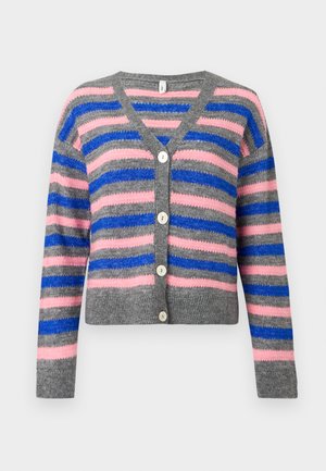Grå stripete cardigan med rosa og blå horisontale linjer, V-hals, lange ermer og fem knapper. Myk tekstur, cropped design.