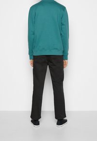 Modrozelená mikina s kulatým výstřihem, žebrovanými manžetami a lemem, spárovaná s černými kalhotami a černými teniskami, pohled zezadu.