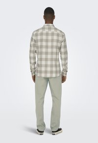 Men's long-sleeve shirt in gray and white checkered pattern; button-down collar, rounded hem, with rolled cuffs. Paired with light green pants.