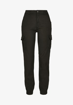 Mustad mustad püksid sobiva vöökoha ja elastsete mansettidega. Omavad külgmisi taskuid ja sujuvat, vastupidavat kangast.