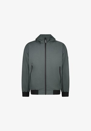 Donkergroene gewatteerde jas met capuchon, een rits aan de voorkant, twee zijzakken en zwarte manchetten. Glad stof met minimale hardware accenten.