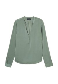 Lichtgroene, lange mouwen blouse met een V-hals en een knoopsluiting. Gladde textuur met zachte draping en een relaxte pasvorm.