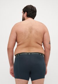 Dunkelgraue Boxer-Briefs mit einem schwarzen Bund, der weißen Text aufweist. Der Stoff wirkt glatt mit minimaler Textur. Modell von hinten zu sehen.