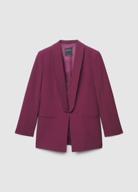 Blazer bordeaux avec col châle, manches longues et deux poches avant. Confectionné dans un tissu lisse avec un design structuré.