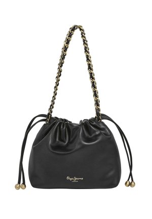 Borsa a spalla in morbida pelle nera con tracolla in catena dorata, lati con coulisse e perline dorate, e logo "Pepe Jeans London" in oro.
