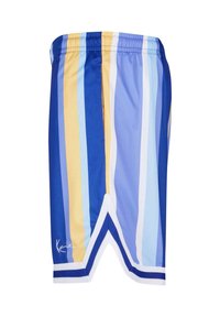 Svømmebukser med vertikale striper i blå, lyseblå, gul og hvit. Laget av lett materiale med elastisk midjebånd og hvit kant.