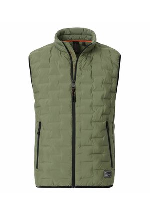 Padded green vest with a high collar, full front zipper, and two side pockets. Features a quilted texture and black zipper accents.