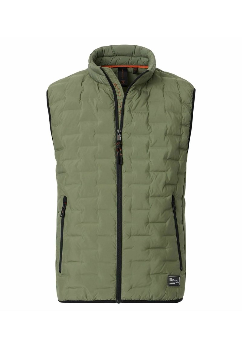 Grüner gepolsterter Weste mit hohem Kragen, voller Frontreißverschluss und zwei Seitentaschen. Verfügt über eine gesteppten Textur und schwarze Reißverschlussakzente.