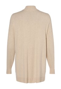 Beige gebreide cardigan met een hoge hals, verlaagde schouders, lange mouwen en geribbelde manchetten en zoom. Bevat een middennaad aan de achterkant.