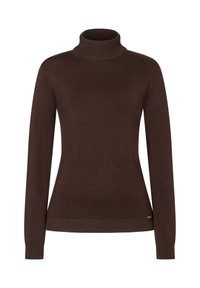 Brauner Rollkragenpullover aus weichem Material, mit langen Ärmeln und enger Passform. Rippkragen und Saum mit minimalistischem Branding.