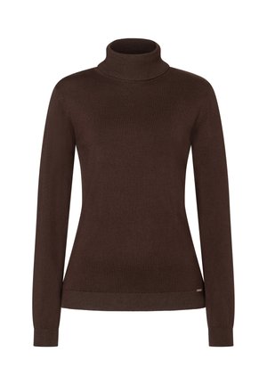 Brauner Rollkragenpullover aus weichem Material, mit langen Ärmeln und enger Passform. Rippkragen und Saum mit minimalistischem Branding.