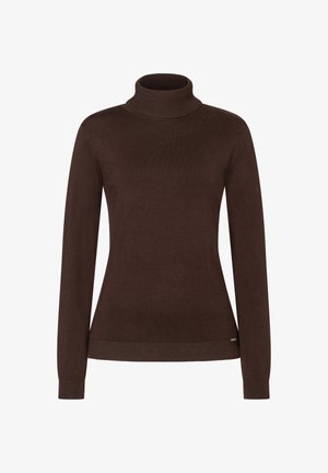 Brauner Rollkragenpullover aus weichem Material, mit langen Ärmeln und enger Passform. Rippkragen und Saum mit minimalistischem Branding.