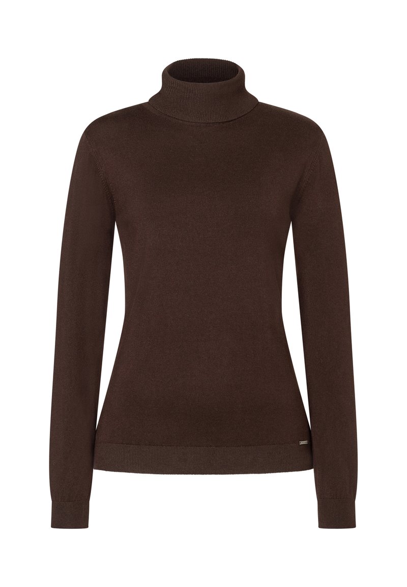 Brauner Rollkragenpullover aus weichem Material, mit langen Ärmeln und enger Passform. Rippkragen und Saum mit minimalistischem Branding.