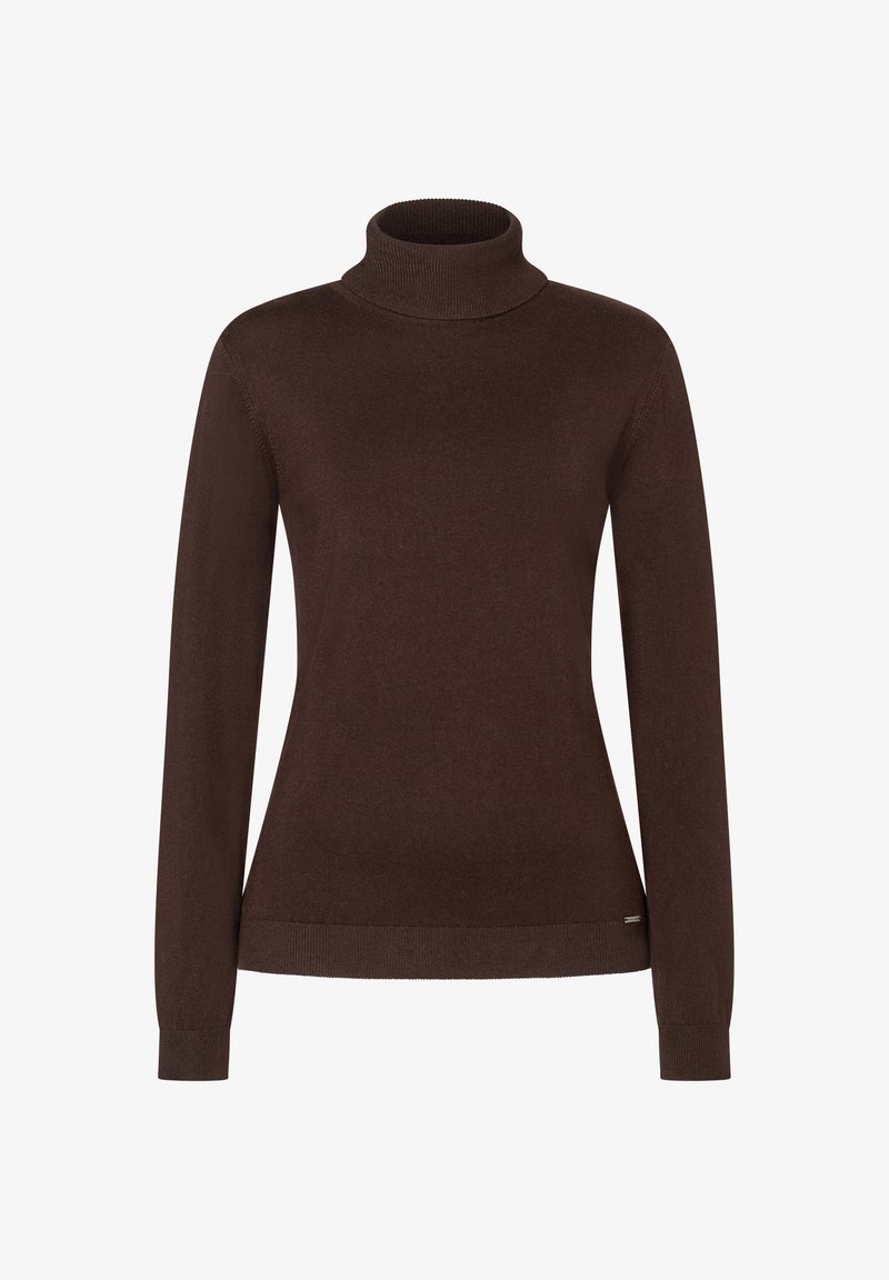 Brauner Rollkragenpullover aus weichem Material, mit langen Ärmeln und enger Passform. Rippkragen und Saum mit minimalistischem Branding.