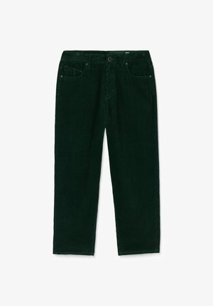 Dark green corduroy trousers with a straight leg cut, five pockets, and a textured ribbed surface. Features a front button closure.