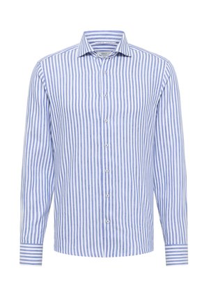 Blue and white striped long-sleeve shirt made of cotton. Features a classic collar and button front, with striped cuffs.