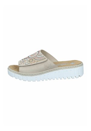 Beige slide sandal with multicolored rhinestone embellishment on the upper. Features a white platform sole with textured details.