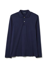 Marineblaues Langarm-Polohemd aus weichem Stoff, mit klassischem Kragen und zwei Knöpfen. Schlichte, gerippte Bündchen und Saum.