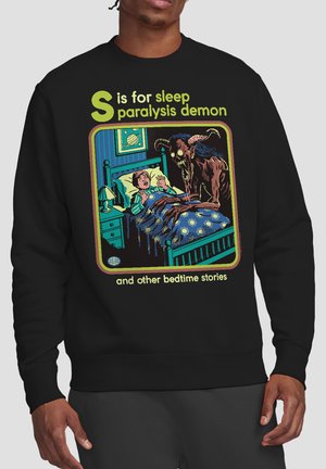 Boy in bed fearfully looking at a horned demon looming over him, with text "S is for sleep paralysis demon and other bedtime stories."