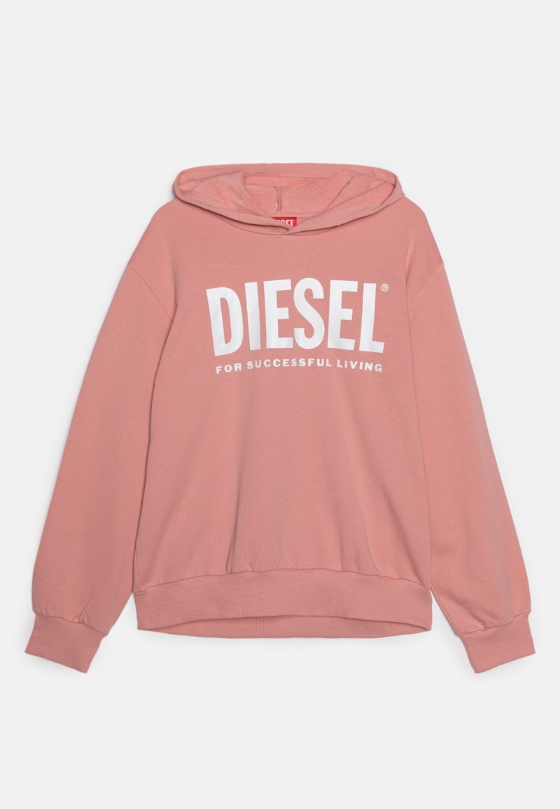 Hoodie rose à manches longues avec poche avant et grand texte blanc "DIESEL FOR SUCCESSFUL LIVING" sur la poitrine.