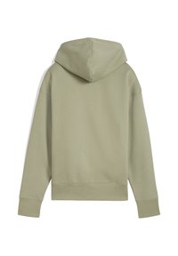 Groene capuchontrui van zacht materiaal, met een relaxte pasvorm, lange mouwen en een zoom die op de taille valt.