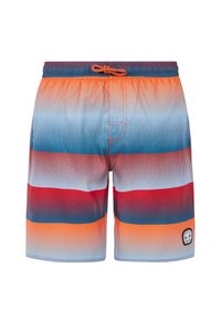 Multikleurige zwembroek met horizontale strepen in tinten oranje, rood en blauw, voorzien van een trekkoord in de taille en een klein logopatch.