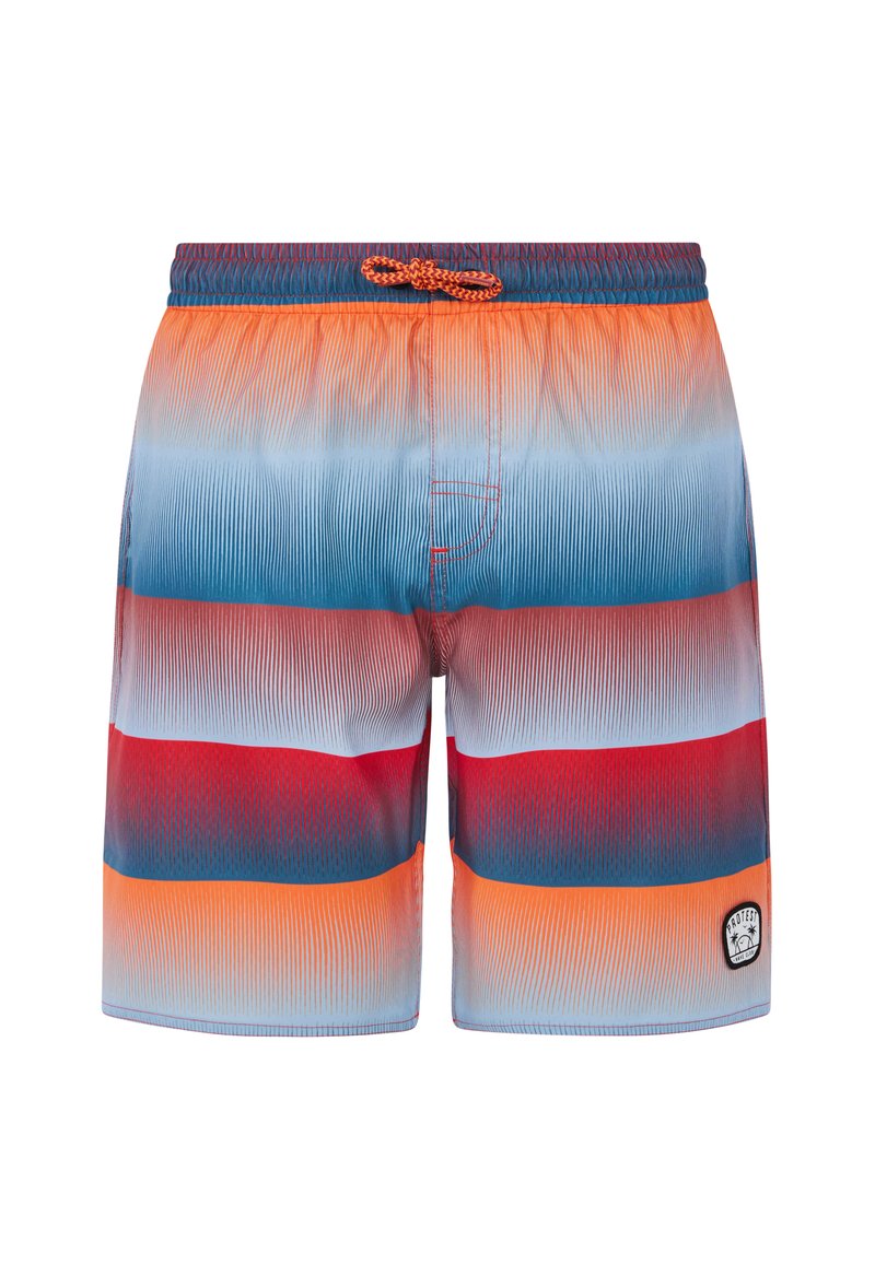 Multikleurige zwembroek met horizontale strepen in tinten oranje, rood en blauw, voorzien van een trekkoord in de taille en een klein logopatch.