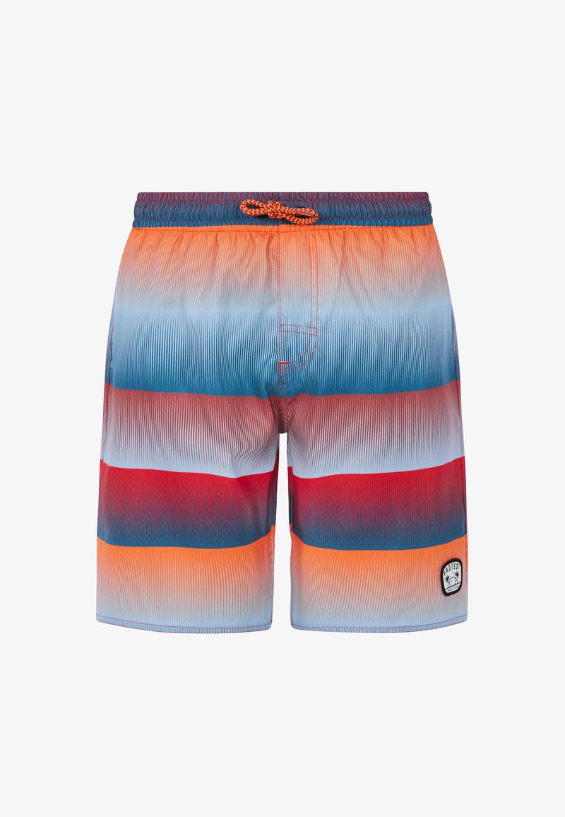 Multikleurige zwembroek met horizontale strepen in tinten oranje, rood en blauw, voorzien van een trekkoord in de taille en een klein logopatch.