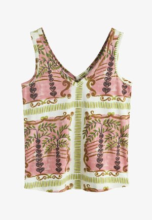 Mouwloze tanktop met V-hals met een patroon in roze, wit en groen met hartvormige wijnstokken en bladranken in een rasterachtig ontwerp.