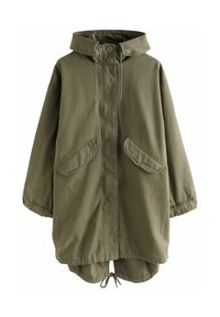 Parka à capuche oversize vert olive avec boutons à l'avant, cordon de serrage au niveau du col et de l'ourlet, et deux poches à rabat inclinées.